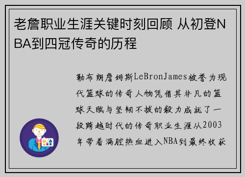 老詹职业生涯关键时刻回顾 从初登NBA到四冠传奇的历程 老詹职业生涯关键时刻回顾 从初登NBA到四冠传奇的历程
