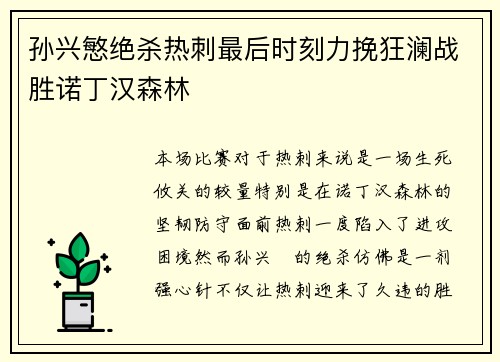 孙兴慜绝杀热刺最后时刻力挽狂澜战胜诺丁汉森林 孙兴慜绝杀热刺最后时刻力挽狂澜战胜诺丁汉森林